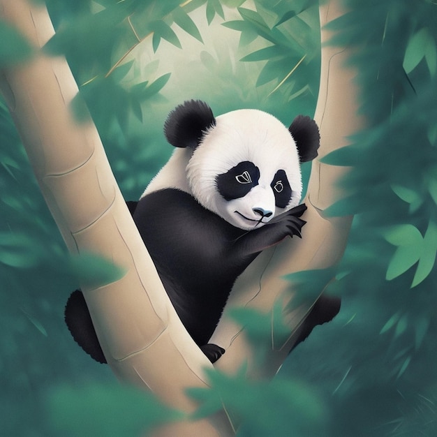 Un oso panda está sentado en un árbol con un fondo verde.
