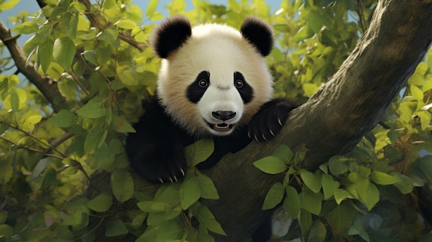 Un oso panda está sentado en un árbol.