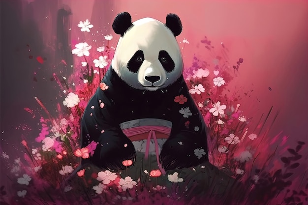 Un oso panda está sentado en un campo de flores.