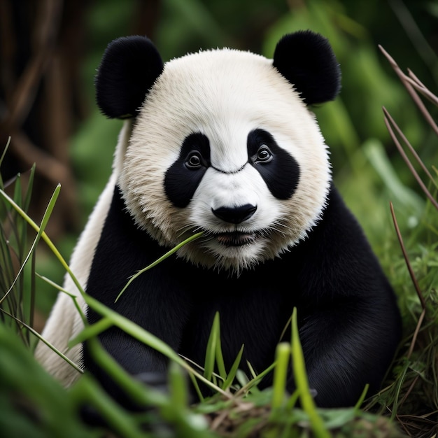 Un oso panda está sentado en la hierba y mira a la cámara.