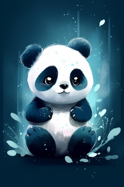 Un oso panda está sentado sobre un fondo azul.