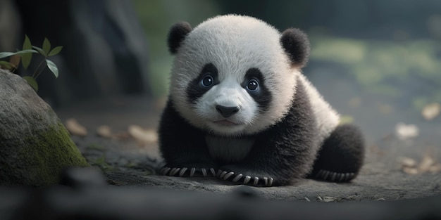 Un oso panda está sentado en el suelo.