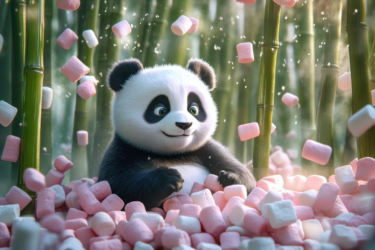 Foto un oso panda está tendido en la hierba con una pila de objetos blancos a su alrededor