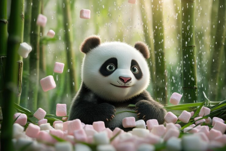Foto un oso panda está tendido en la hierba con una pila de objetos blancos a su alrededor