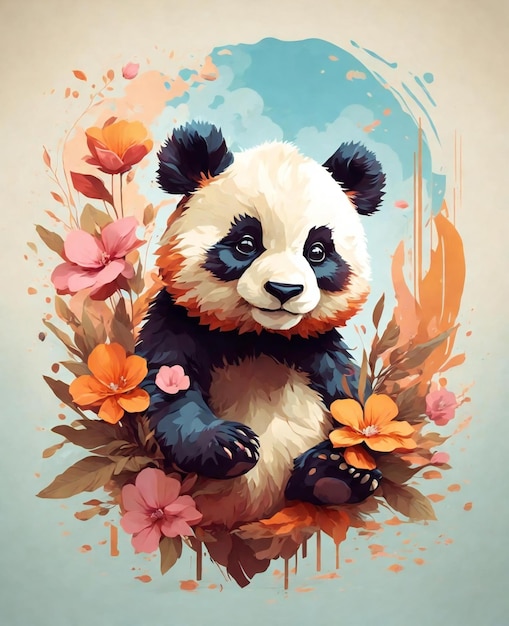 Un oso panda con flores al fondo.