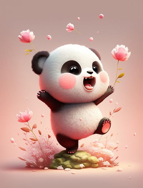 Oso panda con flores en el fondo ai generativo.