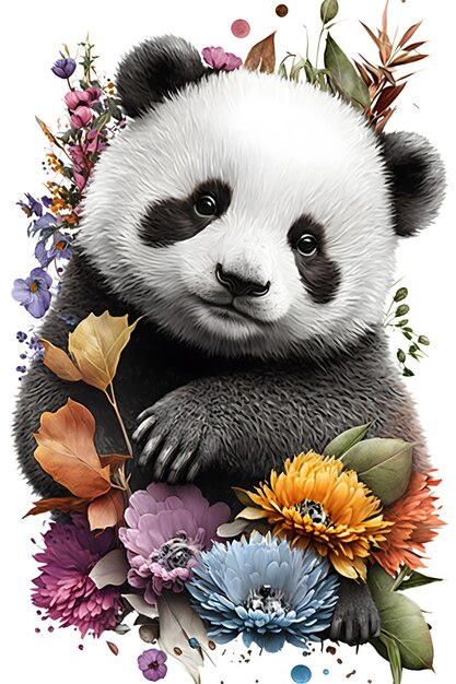 Un oso panda con flores y una mariposa.