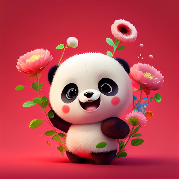 Oso panda con flores y sobre un fondo rosa generativo ai
