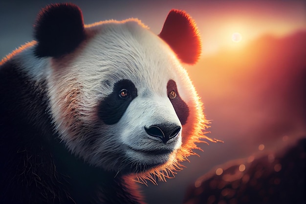 Un oso panda con un fondo de puesta de sol.