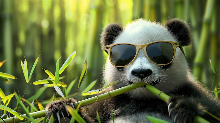 Foto un oso panda fresco con gafas de sol y masticando bambú