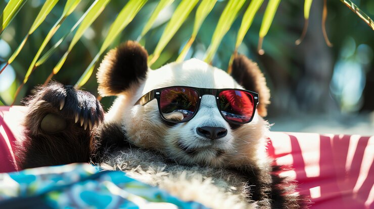 Foto un oso panda con gafas de sol acostado en una hamaca