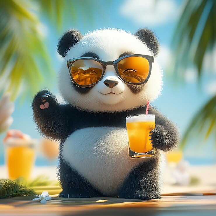 Foto oso panda con gafas de sol y una bebida en una mesa