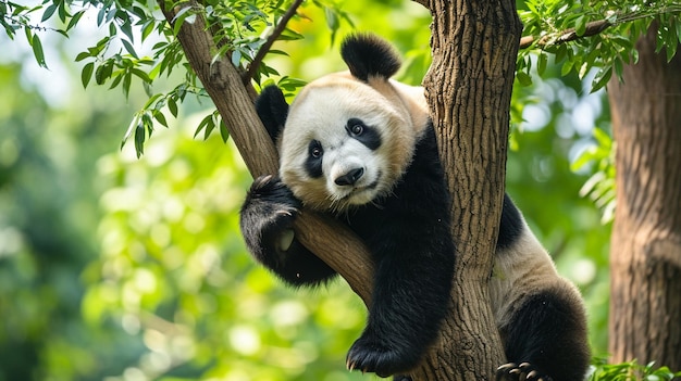 El oso panda gigante trepando en el árbol Generativo Ai