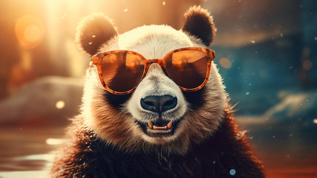 El oso panda gracioso con gafas de sol en la naturaleza