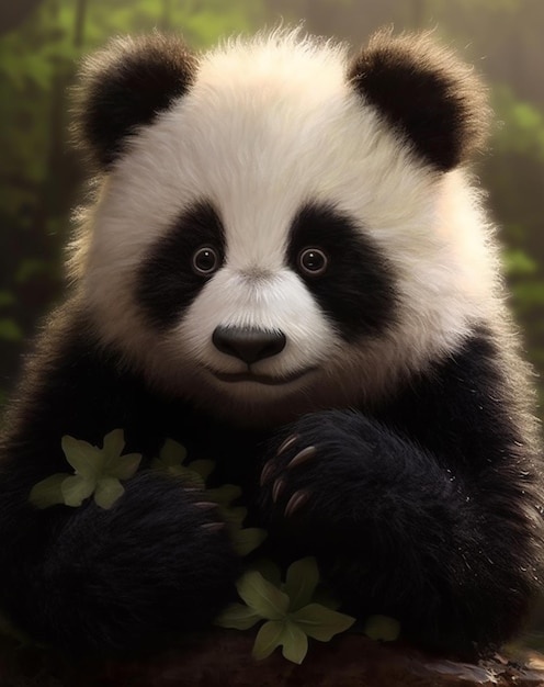 Un oso panda con una hoja verde en la cara.