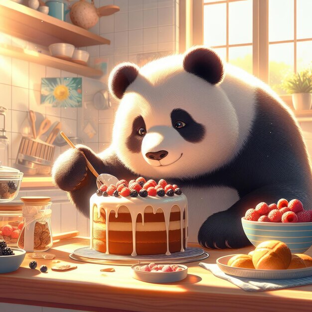 Foto un oso panda horneando un pastel en una cocina soleada arte digital