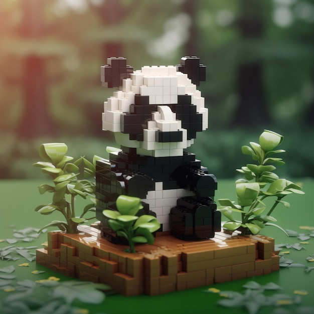 Un oso panda de Lego está sentado sobre un trozo de madera.