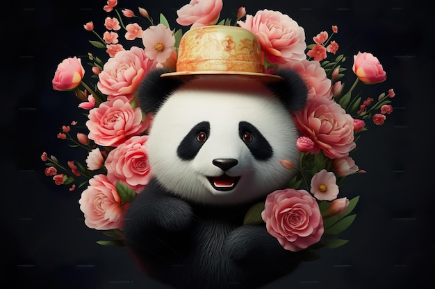 Oso panda con manta rosa sosteniendo té en un bosque invernal IA generativa