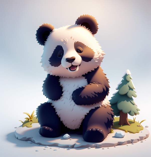 Oso panda y mini árbol en pedestal