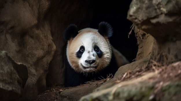 Un oso panda mira desde una cueva.