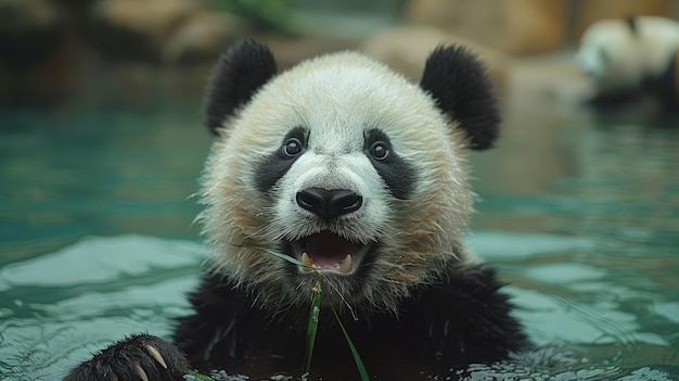 El oso panda nadando en el agua