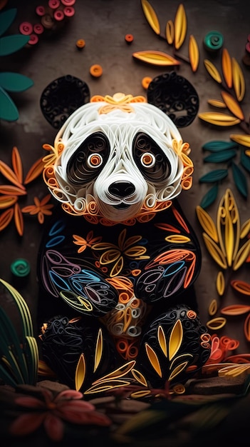 Un oso panda con ojos naranjas está rodeado de flores de colores.