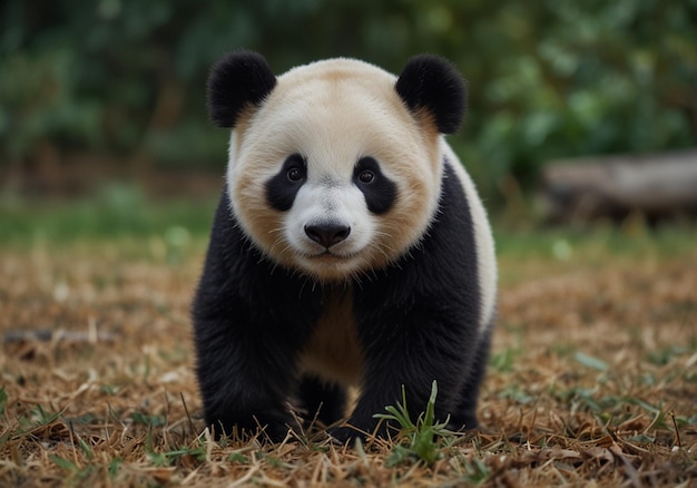 un oso panda con ojos negros y un ojo negro y una cara blanca