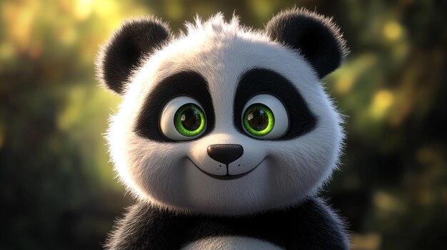 un oso panda con ojos verdes y un ojo amarillo