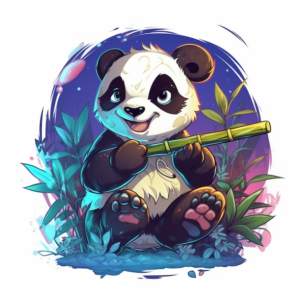 Oso panda con palo de bambú en la mano y flores alrededor de ai generativo