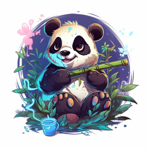 Oso panda con palo de bambú y salpicaduras de pintura en acuarela