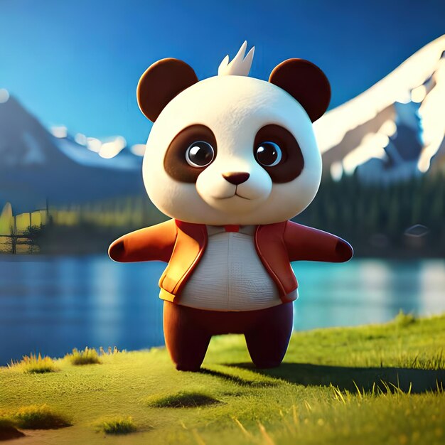 Foto un oso panda parado en un campo con montañas al fondo.
