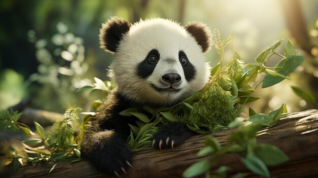 Foto un oso panda está parado y sosteniendo un bambú.