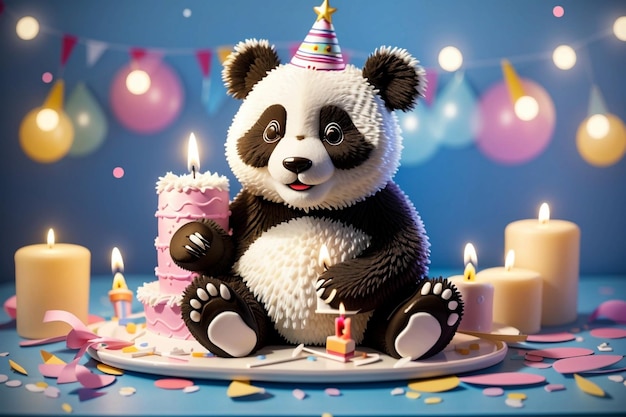 Foto oso panda en un pastel de cumpleaños