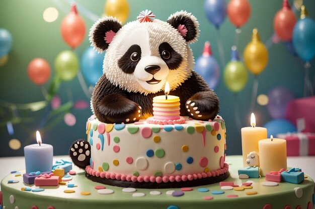 Foto oso panda en un pastel de cumpleaños