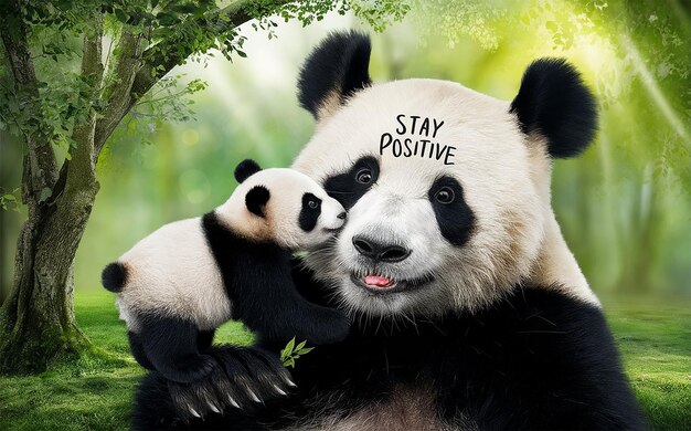 un oso panda con una pegatina que dice mantenerse positivo en su cara