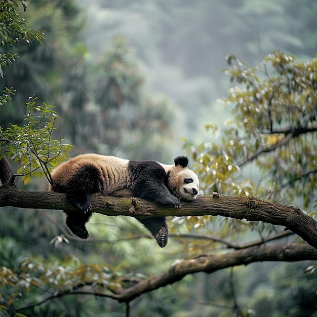 Foto el oso panda perezoso durmiendo en una rama de árbol china vida silvestre reserva natural de bifengxia provincia de sichuan