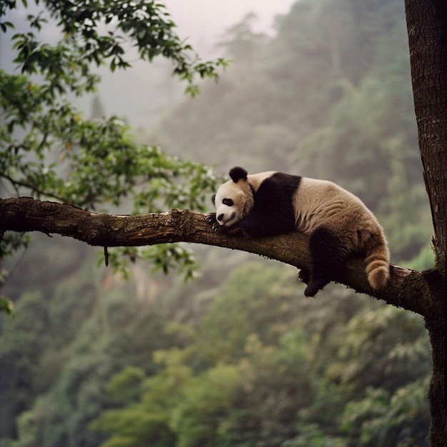 Foto el oso panda perezoso durmiendo en una rama de árbol china vida silvestre reserva natural de bifengxia provincia de sichuan