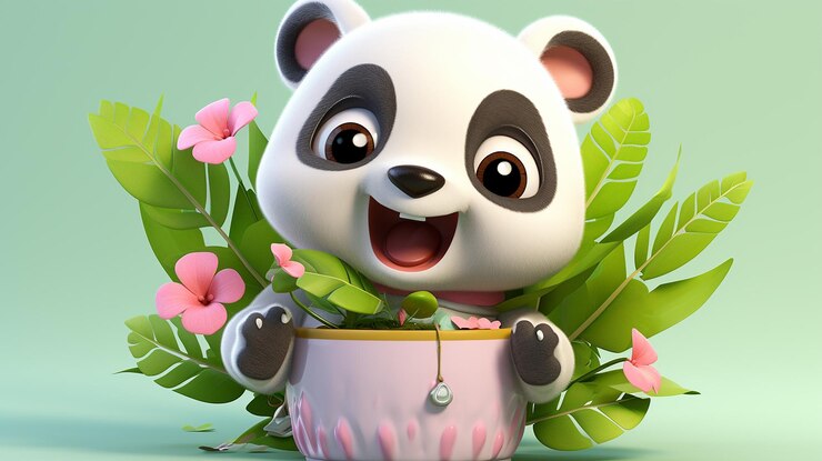 Foto un oso panda con una planta en sus patas y flores