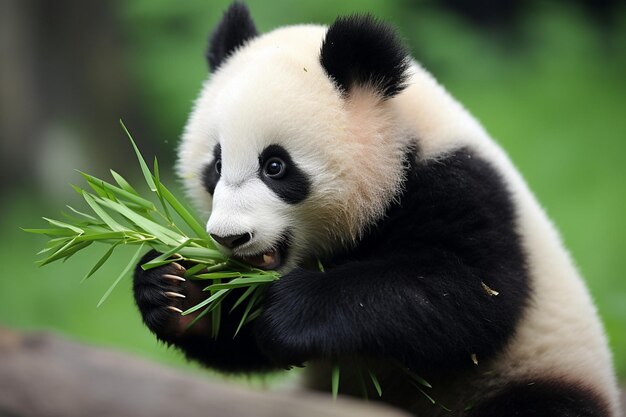 un oso panda con un poco de bambú en la boca