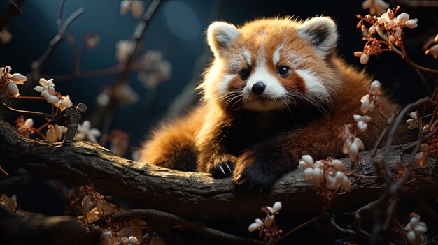 Oso panda rojo en el bosque con luces de guirnaldas en el fondo generativo de IA