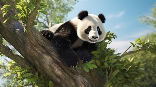 El oso panda sentado en el árbol