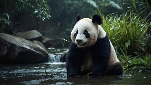 Foto oso panda sentado en un arroyo con agua que fluye detrás de él explorando el enigmático mundo del panda