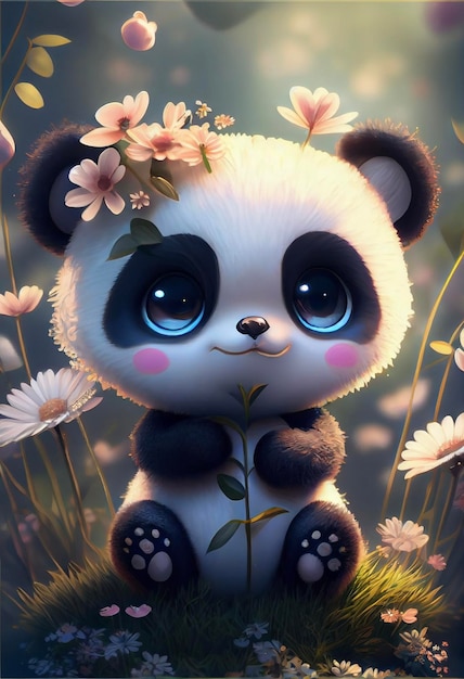 Oso panda sentado en un campo de flores ai generativo