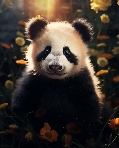 oso panda sentado en un campo de flores con el sol brillando detrás de él ai generativo