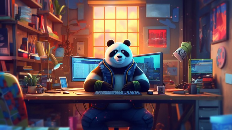 Foto oso panda sentado en un escritorio con una computadora y un teclado ai generativo
