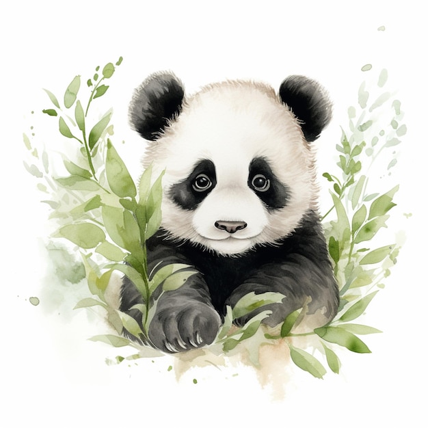 oso panda sentado en la hierba con hojas y plantas generativas ai