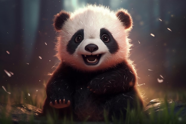 Oso panda sentado en la hierba con las patas cruzadas ai generativo