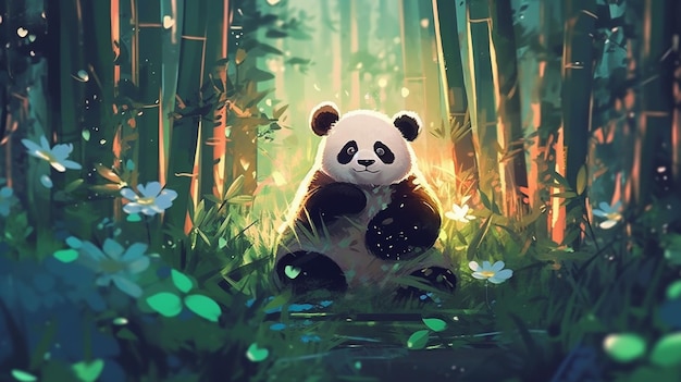 oso panda sentado en medio de un bosque con flores ai generativo