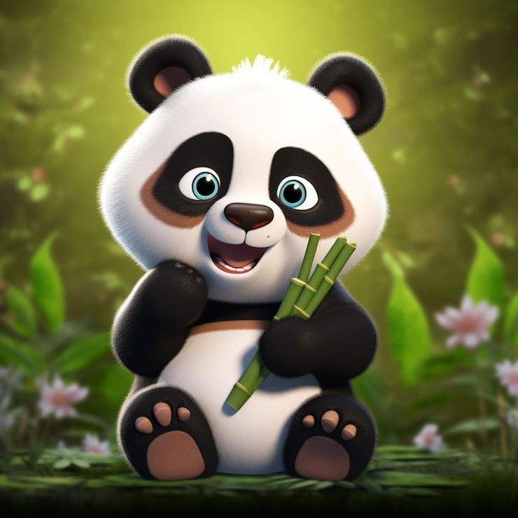 Foto oso panda sentado en el suelo con un bambú en la mano ai generativo