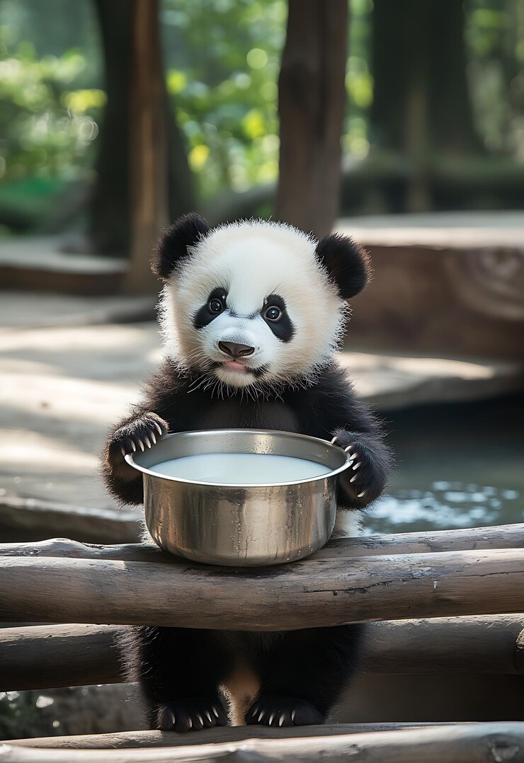 Foto un oso panda sentado en un tronco con un cuenco de leche